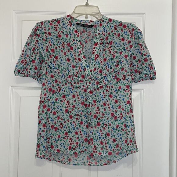 ZARA FLORAL CRINKLE CHIFFON FABRIC RUFFLES ROMANTIC TOP BLOUSE - Picture 3 of 6